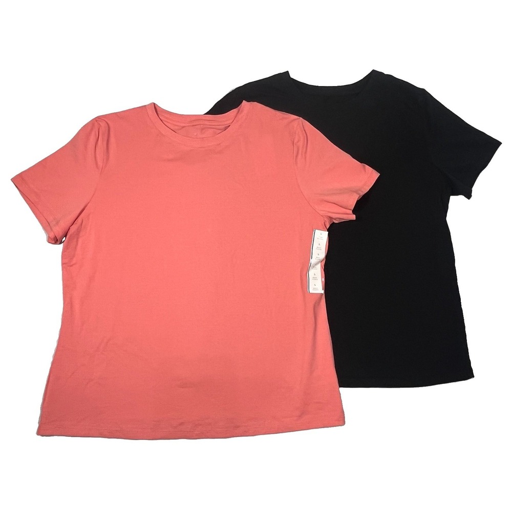 A New Day Women's T Shirt 2-PK Large Coral Black Short Sleeve Crew Neck NWT Tees